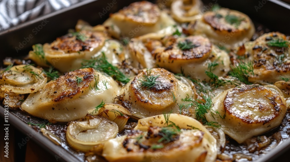 Delicious baked pierogi with dill and caramelized onion topping Delicious baked pierogi with dill and caramelized onion topping