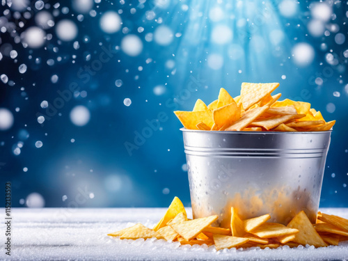 Tortilla Chips in a Metal Bucket on Snowy Surface photo