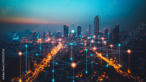 Wallpaper Mural Smart digital city with connection cyber security network reciprocity over the cityscape . future smart wireless digital city and social media networking systems that connects people within the city Torontodigital.ca