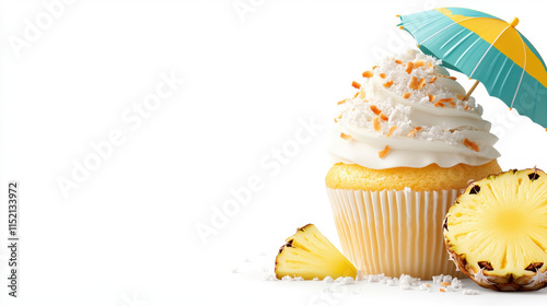 A vibrant cupcake topped with fluffy icing and a decorative umbrella, accompanied by fresh pineapple slices, evoking a tropical vibe.
