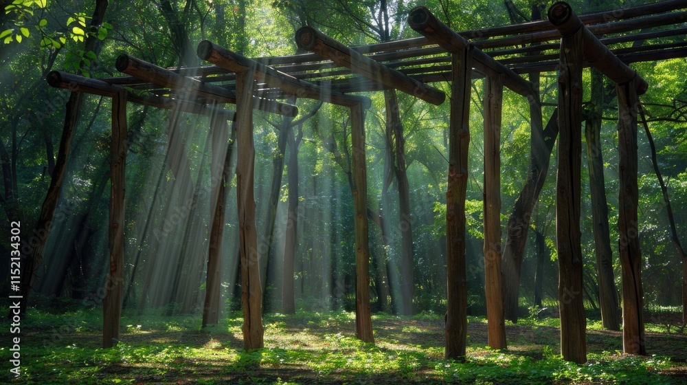Fototapeta premium A tranquil forest clearing with light streaming through a wooden canopy