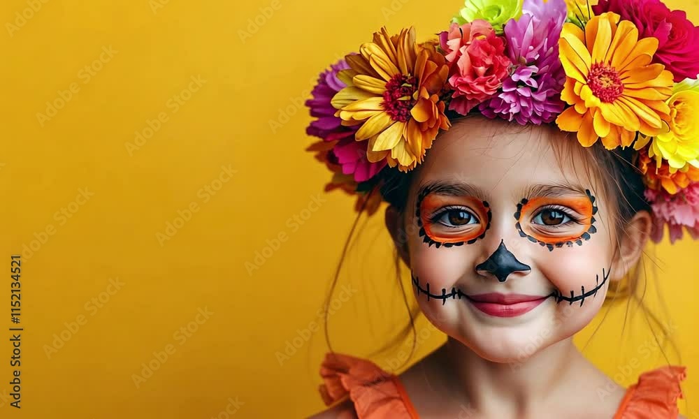 Little cheerful girl with painted face in honor of Day of the Dead. Beautiful girl with colorful flower headdress and bright face painting on yellow background with copy space Little cheerful girl with painted face in honor of Day of the Dead. Beautiful girl with colorful flower headdress and bright face painting on yellow background with copy space