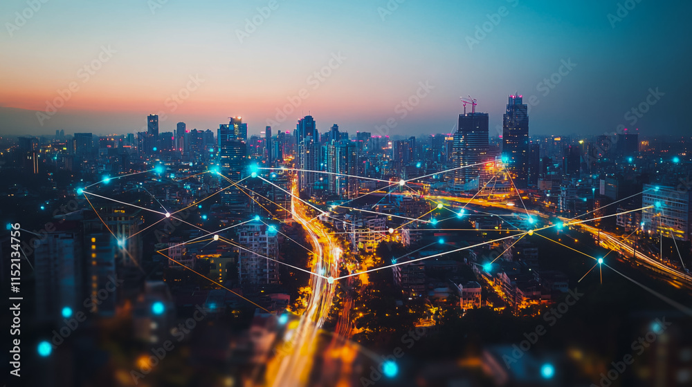 Fototapeta premium Smart digital city with connection cyber security network reciprocity over the cityscape . future smart wireless digital city and social media networking systems that connects people within the city