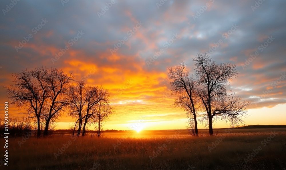 Fototapeta premium Beautiful sunset over a tranquil savanna landscape, showcasing the silhouette of trees against a vibrant sky filled with warm hues of orange and yellow