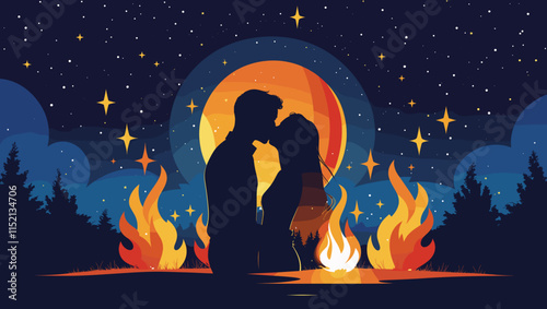 Romantic Silhouette of a Couple Kissing by a Campfire Under a Starry Night