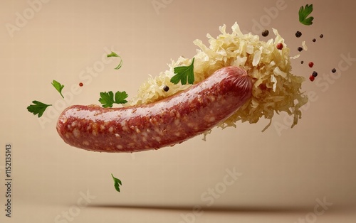 A traditional Polish sausage levitating mid-air with sauerkraut garnish, on a beige background photo