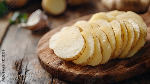 Close up sliced Chinese potato on wooden board