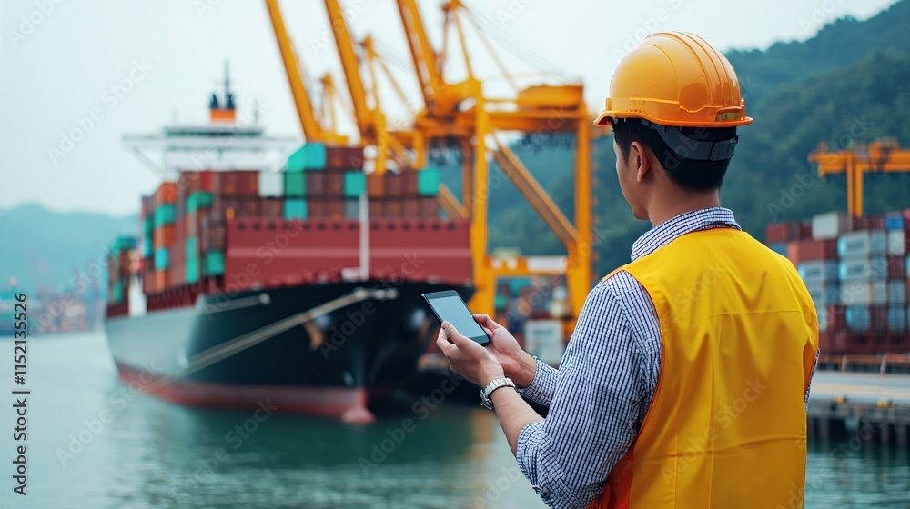 Worker in Safety Gear Using Smartphone at Cargo Port with Container Ship and Cranes in Background, Highlighting Logistics and Shipping Industry in Modern Operations Worker in Safety Gear Using Smartphone at Cargo Port with Container Ship and Cranes in Background, Highlighting Logistics and Shipping Industry in Modern Operations