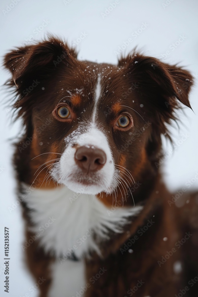 A close-up of a brown dog with snow gently landing on its fur, capturing a playful winter moment. A close-up of a brown dog with snow gently landing on its fur, capturing a playful winter moment.