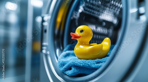 A fun concept showing clothes and a yellow rubber duck inside a washing machine emphasizing hygiene and laundry themes