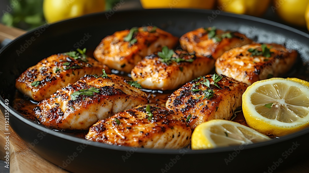 Pan-seared salmon fillets with lemon wedges and herbs. Pan-seared salmon fillets with lemon wedges and herbs.