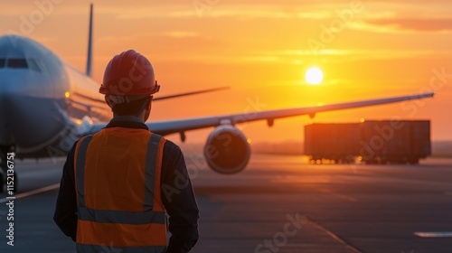 Worker in Safety Gear Observes Airplane at Sunset on Airport Runway with Cargo Containers in Background, Symbolizing Aviation Industry and Safety Measures photo