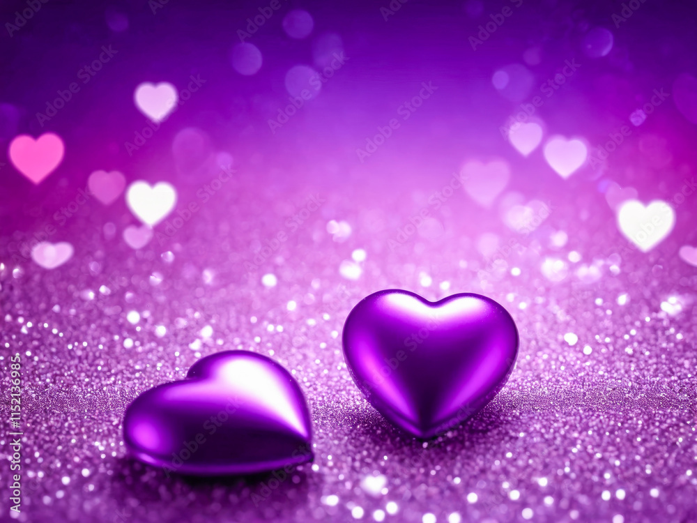 Fototapeta premium Two Purple Hearts on Glittering Background