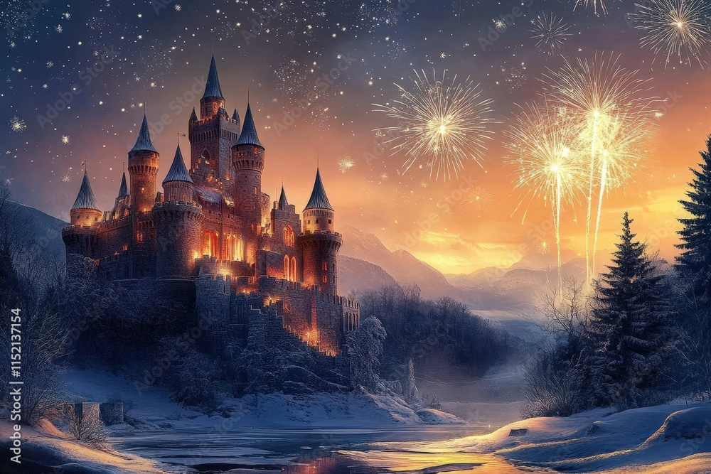 Fototapeta premium A Majestic Winter Castle Celebrates with Fireworks