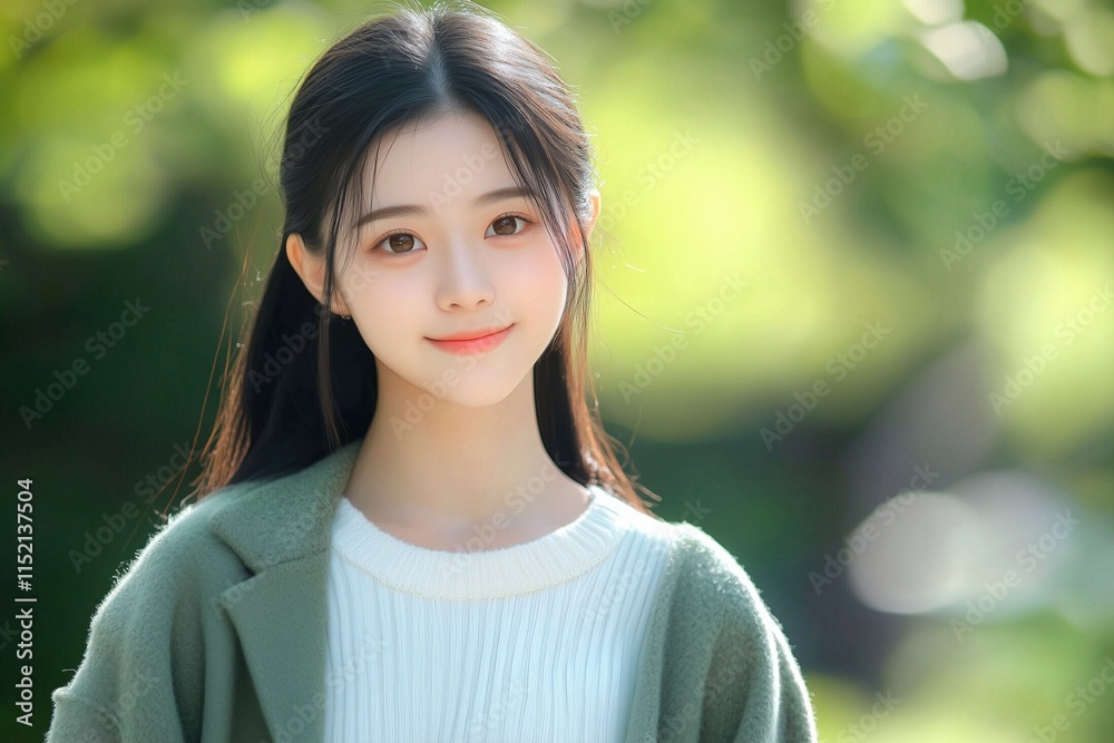 Cute Asian teenager in casual clothes and green coat on fresh green nature blur background Cute Asian teenager in casual clothes and green coat on fresh green nature blur background
