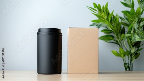 A sleek black thermos is paired with a simple cardboard box on a light surface, with a green plant in the background, suggesting sustainability and style. photo