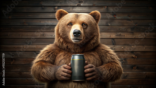 A realistic brown bear holds a beer can against a rustic wooden background. This humorous and surreal illustration combines wildlife with anthropomorphic charm, creating a cozy, inviting scene photo