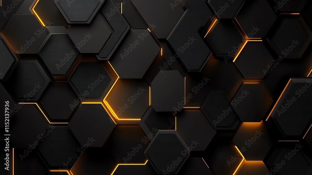 Futuristic black hexagonal background with glowing orange accents, perfect for technology and design projects. Futuristic black hexagonal background with glowing orange accents, perfect for technology and design projects.