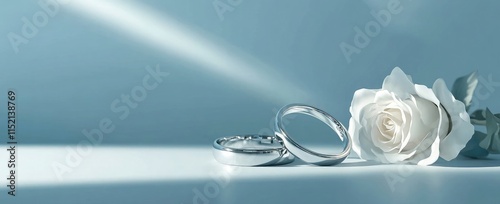 A pair of silver wedding rings and white roses on the right side, blue background
