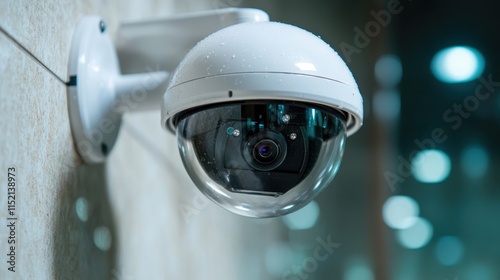 A white dome security camera is mounted on a wall, with blurred bokeh lights in the background, symbolizing modern surveillance technology. photo