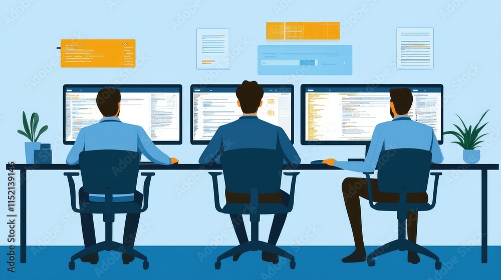 Team of Professionals Analyzing Data on Multi-Screen Workstations in Modern Office Setting Team of Professionals Analyzing Data on Multi-Screen Workstations in Modern Office Setting