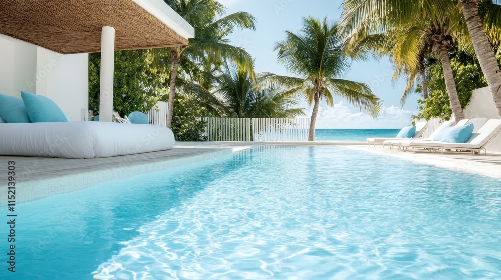 A luxurious villa showcasing an infinity pool blending into the ocean horizon, flanked by palm trees and comfortable white couches, perfect for relaxation and leisure.