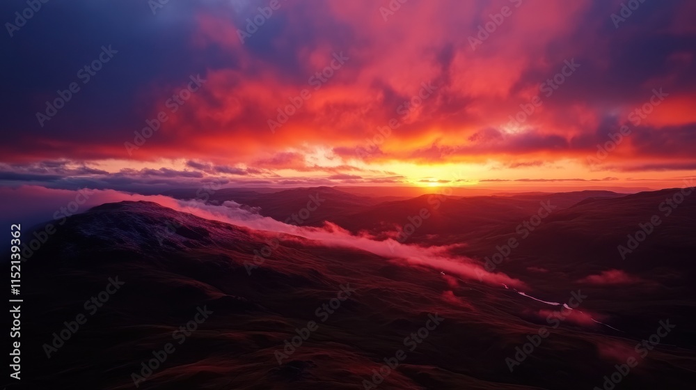 A breathtaking sunset over rolling hills, with vibrant colors and misty clouds. A breathtaking sunset over rolling hills, with vibrant colors and misty clouds.