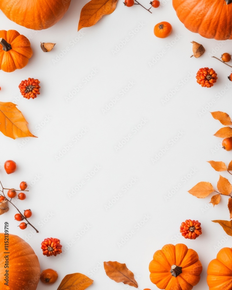 Obraz premium Autumn Flat Lay Frame with Pumpkins, Leaves, and Berries on White Background