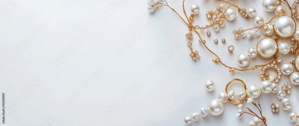 Elegant jewelry collection with pearl rings and gold bracelets on a white background, a flat lay banner for a fashion store presentation or beauty magazine cover Elegant jewelry collection with pearl rings and gold bracelets on a white background, a flat lay banner for a fashion store presentation or beauty magazine cover