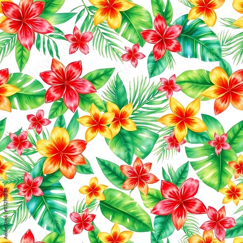Vibrant Tropical Floral Pattern: A watercolor seamless pattern featuring bright red and yellow plumeria flowers and lush green tropical leaves. Perfect for summer designs and textile prints. 