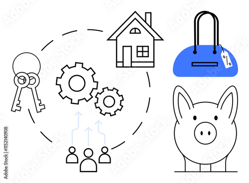 Keys, house, gears representing teamwork, piggy bank, and blue handbag. Ideal for financial planning, saving, real estate investment teamwork home ownership and budgeting concepts. Line metaphor