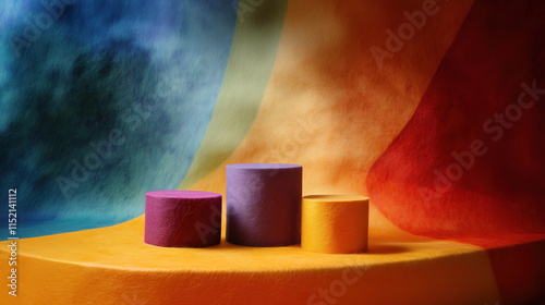 close up of empty round cylinder pedestal display or podium platform with colorful wool felt art
