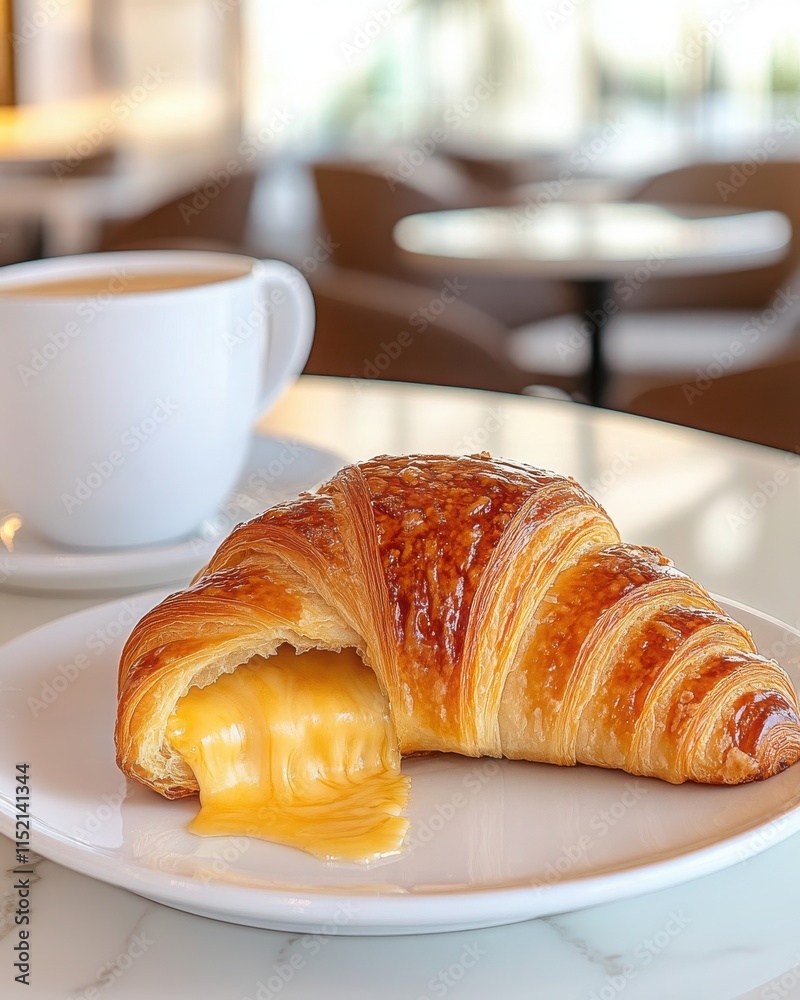 Golden Croissant with Oozing Cheese in Trendy Cafe Setting Golden Croissant with Oozing Cheese in Trendy Cafe Setting