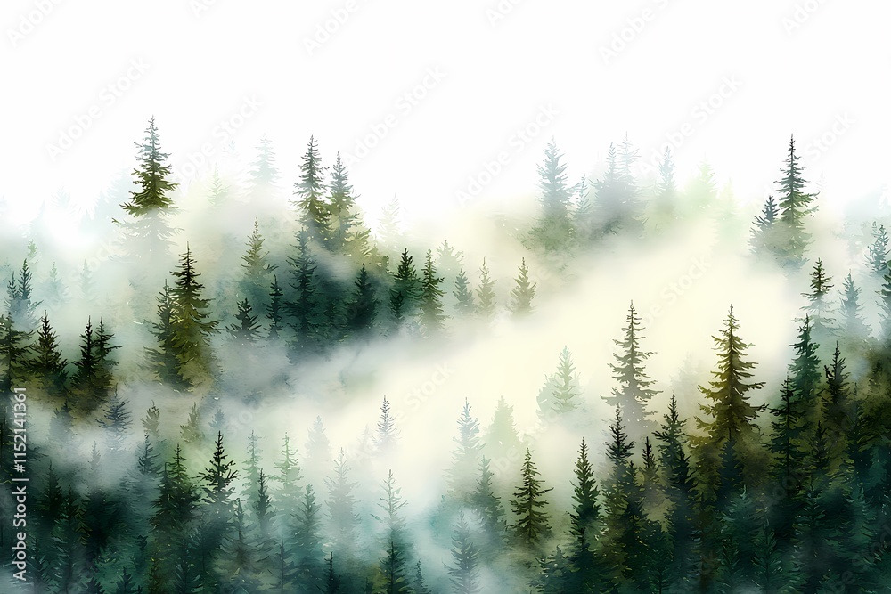 Fototapeta premium Misty Forest Landscape with Evergreen Trees and Soft Light Effects