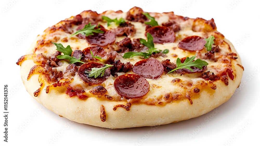 Delicious pepperoni and beef pizza with arugula. Delicious pepperoni and beef pizza with arugula.