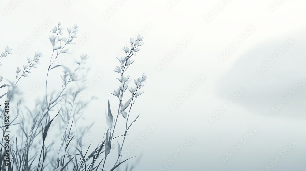 Obraz premium Delicate silhouettes of grass against a soft, misty background evoke tranquility and nature's beauty.