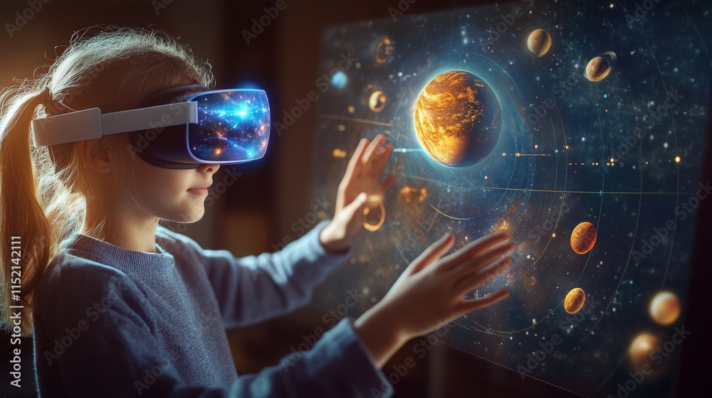 Fototapeta premium Young caucasian girl exploring solar system with virtual reality headset