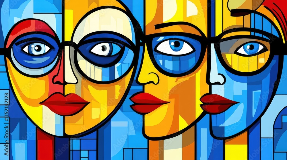 Obraz premium Colorful Abstract Faces: Vibrant Geometric Pop Art Portraits with Glasses