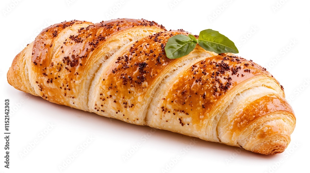 A golden-brown poppy seed croissant, freshly baked, isolated on white background. A golden-brown poppy seed croissant, freshly baked, isolated on white background.