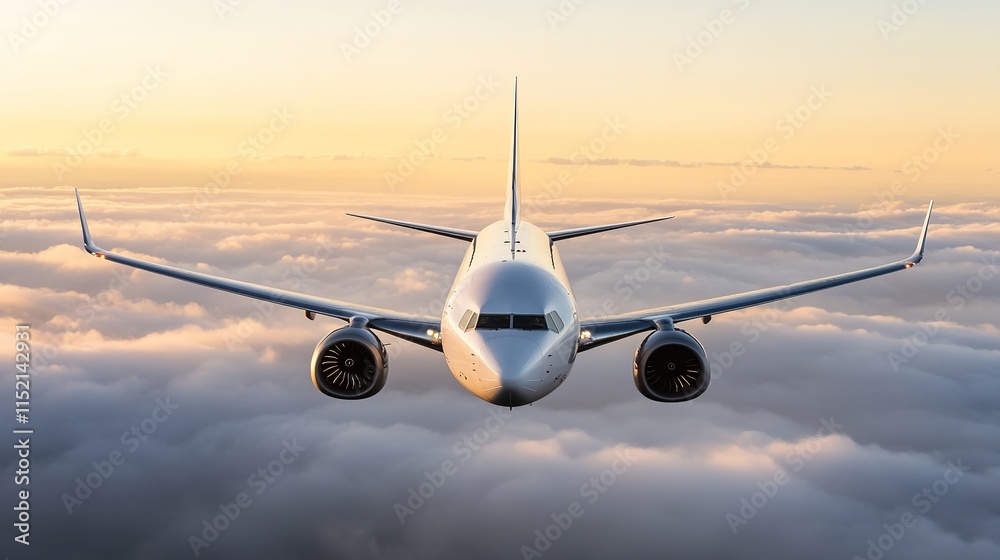 Naklejka premium stock image of commercial airplane soaring high above clouds during daytime