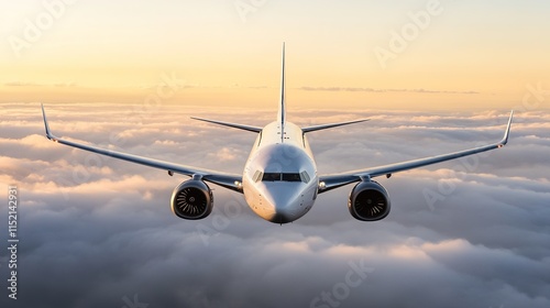 stock image of commercial airplane soaring high above clouds during daytime