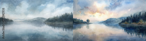 Ethereal watercolor landscape depicting a misty lake at dusk, surrounded by mountains and trees.