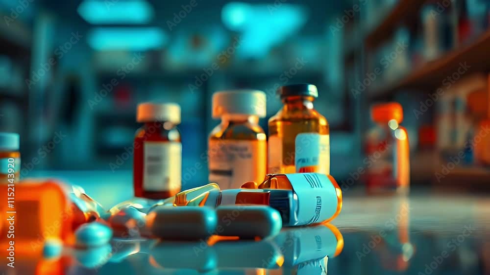 A collection of various medicine bottles and pills on a reflective surface.