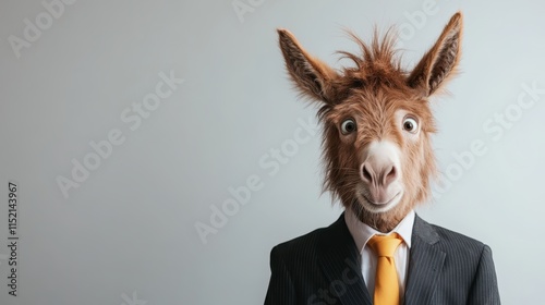 A portrait featuring a donkey with a playful expression, dressed in a black suit and yellow tie, encapsulating humor and creativity against a neutral backdrop. photo