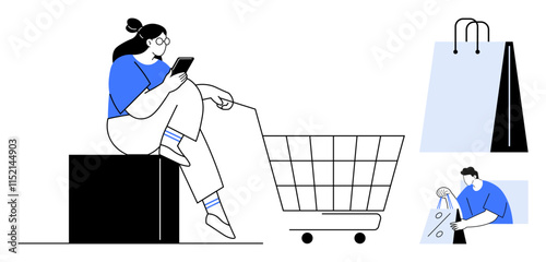 Woman seated and checking her mobile phone beside a shopping cart, large shopping bag, and a person at a checkout counter. Ideal for e-commerce, online shopping, retail, marketing, business, consumer