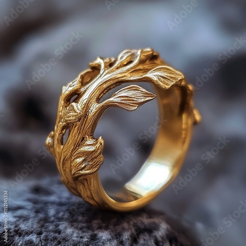 Elegant gold ring with leaf design on textured surface photo