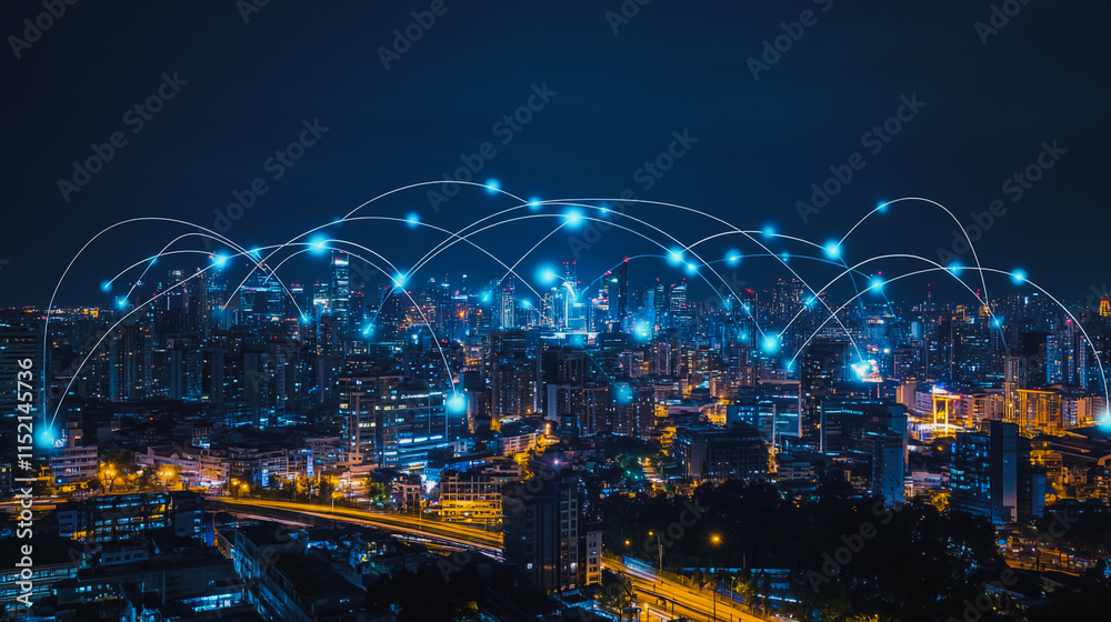 Fototapeta premium Smart digital city with connection cyber security network reciprocity over the cityscape . future smart wireless digital city and social media networking systems that connects people within the city