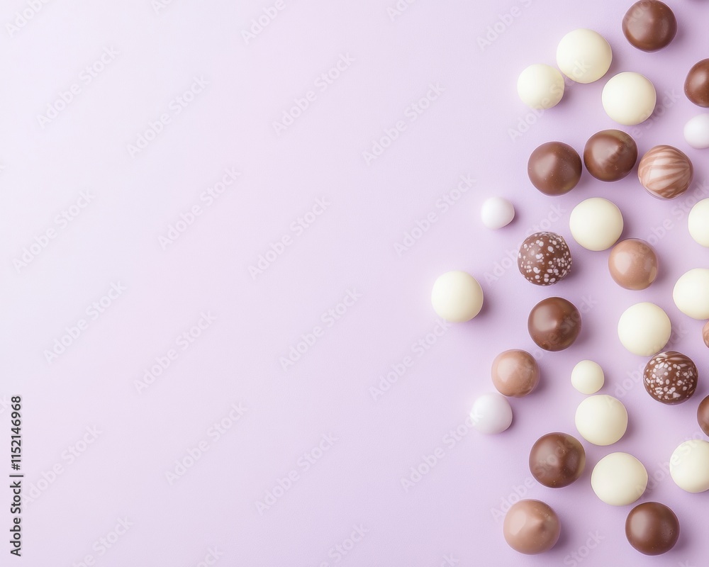 Delightful Chocolate and White Candy Spheres for Valentines Day, Easter, and Mothers Day on Soft Lavender Background Delightful Chocolate and White Candy Spheres for Valentines Day, Easter, and Mothers Day on Soft Lavender Background