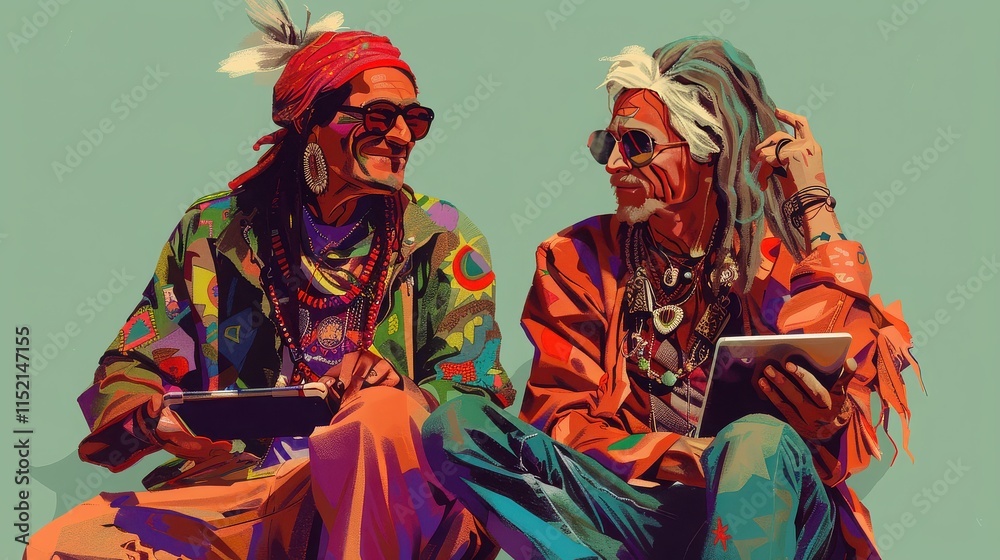 Fototapeta premium A 1970s hippie in colorful attire, sitting alongside a 2020s environmental activist with a tablet advocating for renewable energy.
