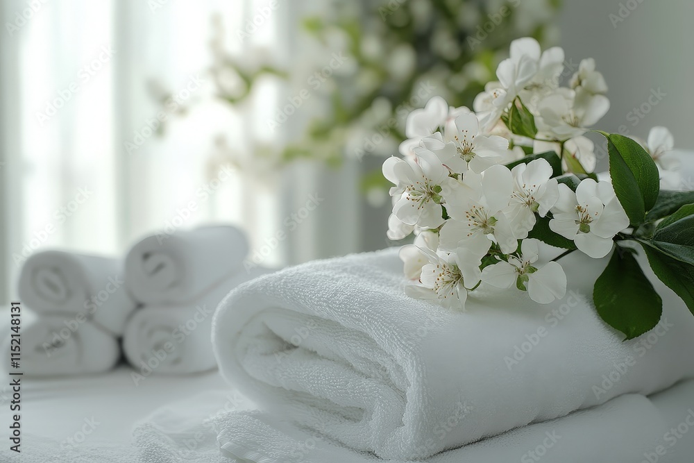 A white towel is on a table with a bunch of white flowers A white towel is on a table with a bunch of white flowers